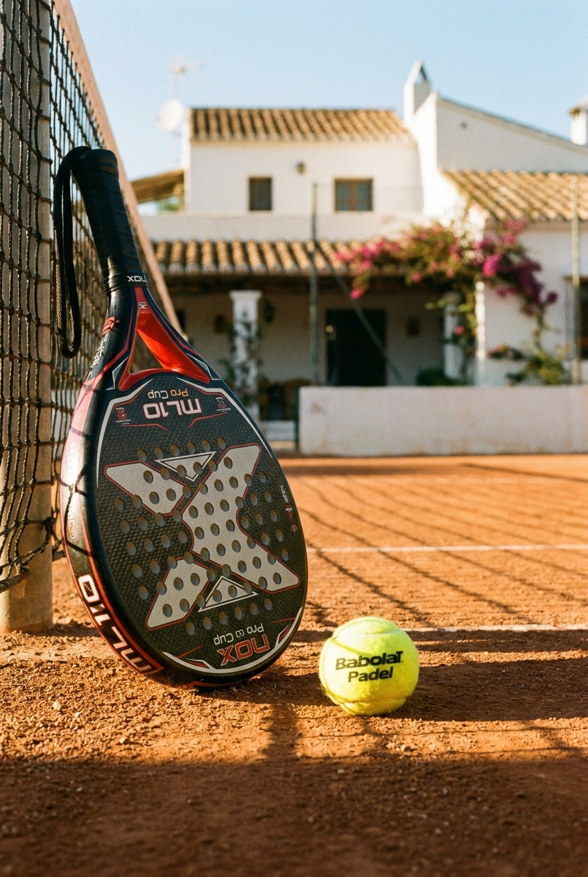 Padel Racket and ball on a Mediterranean court