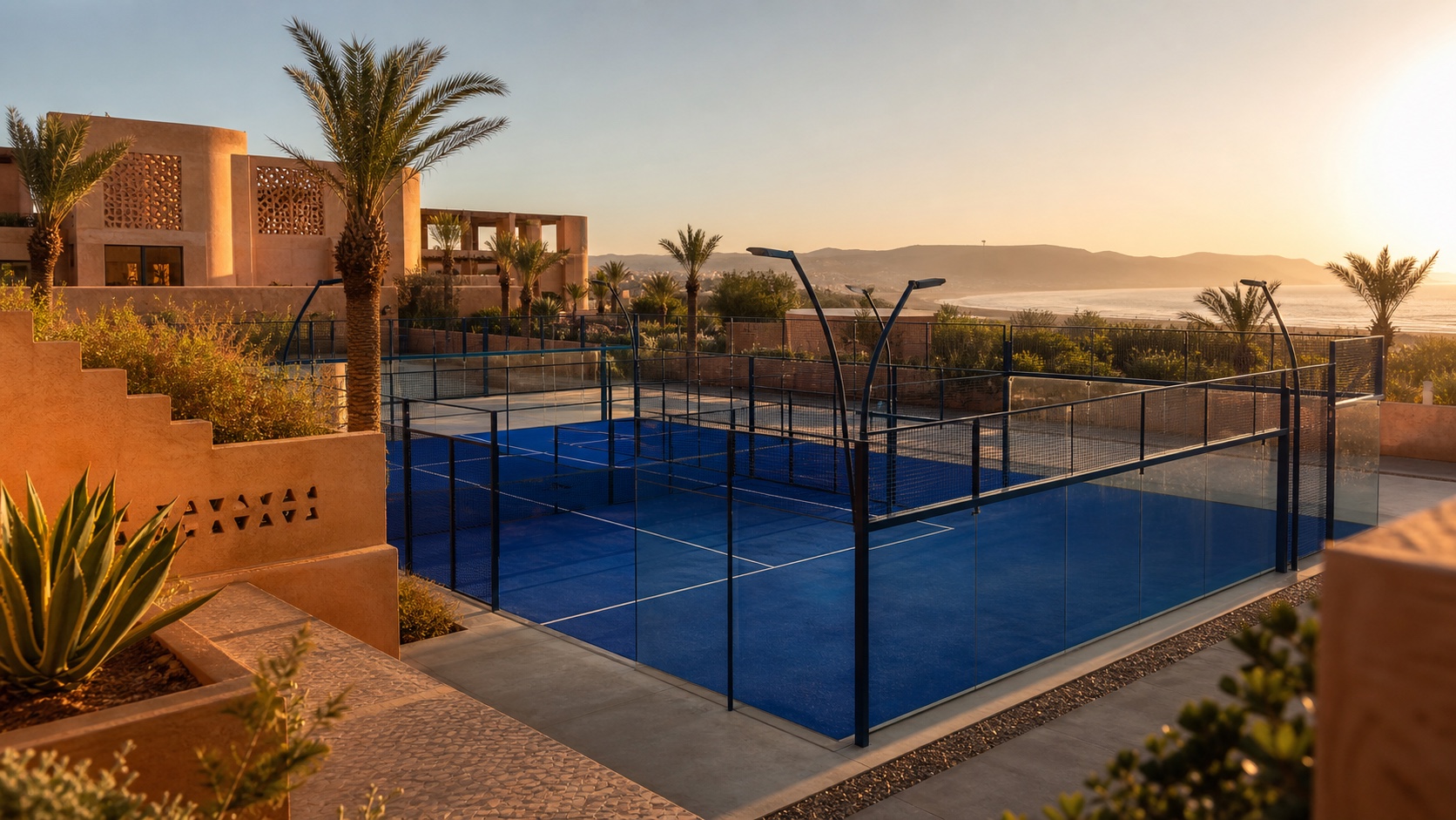 Blauer Padel-Court in Agadir zwischen Terrakotta-Architektur, Palmen und Atlantik