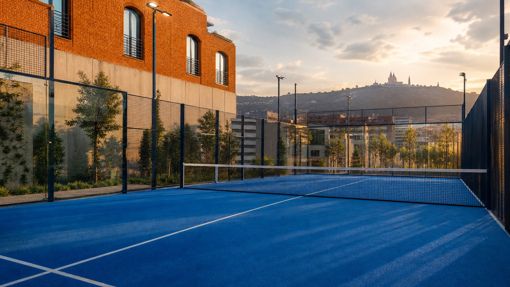 Urbaner blauer Padel-Court in Barcelona mit Backsteinarchitektur und warmem Abendlicht