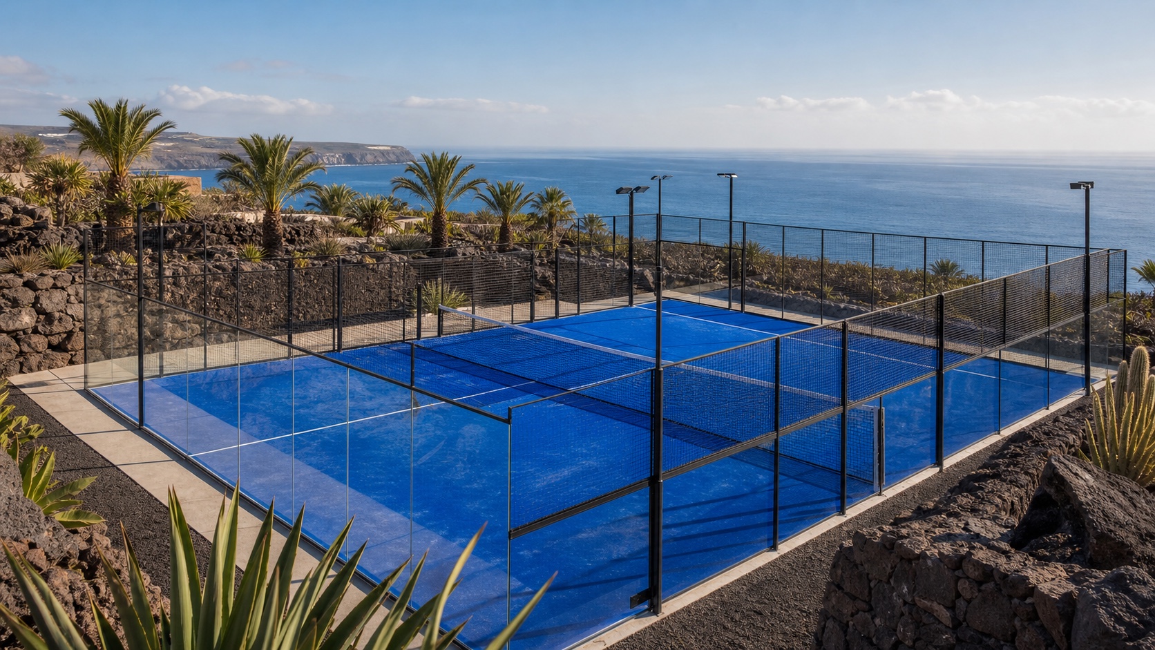 Blauer Padel-Court auf Gran Canaria zwischen Vulkanstein, Palmen und Atlantik