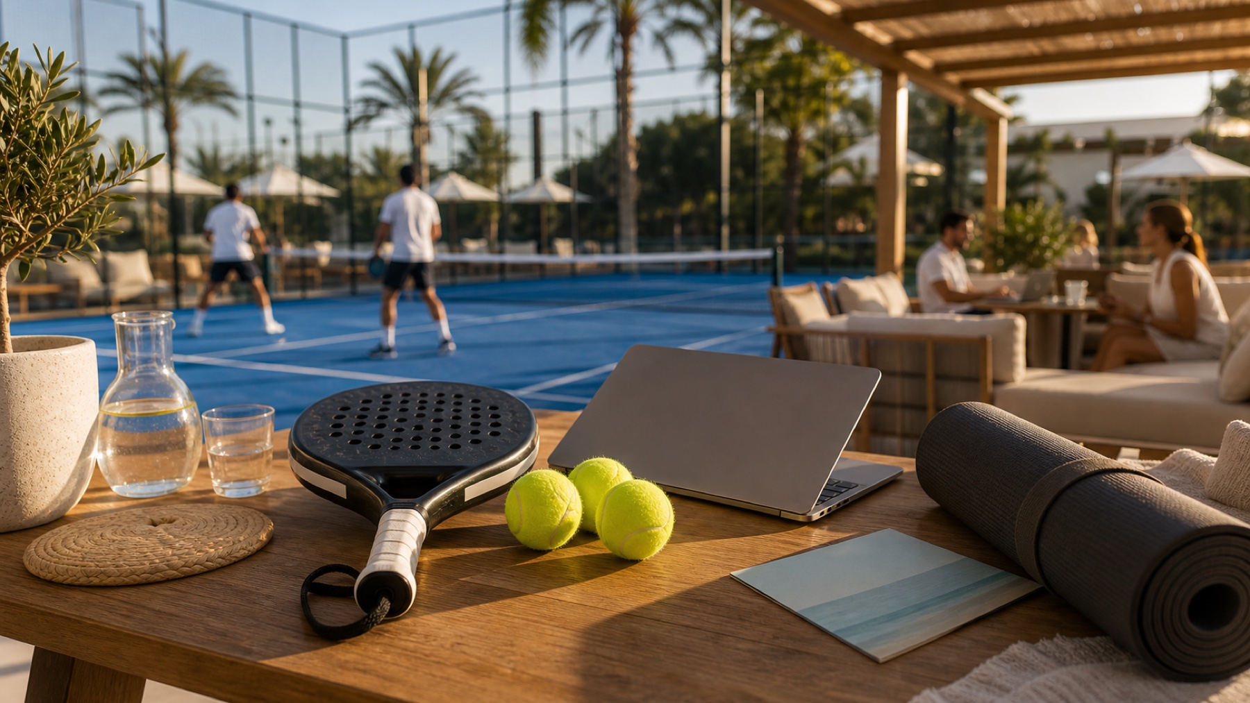 Padel-Schläger, Laptop, Yoga-Matte und Reiseelemente als Vergleich der Padel-Reiseformate