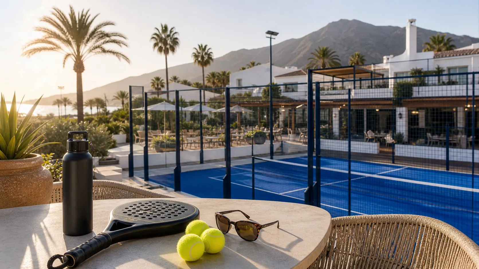 Padel-Schläger, Bälle und Trinkflasche auf einer Clubterrasse mit blauem Padel-Court an der Costa del Sol