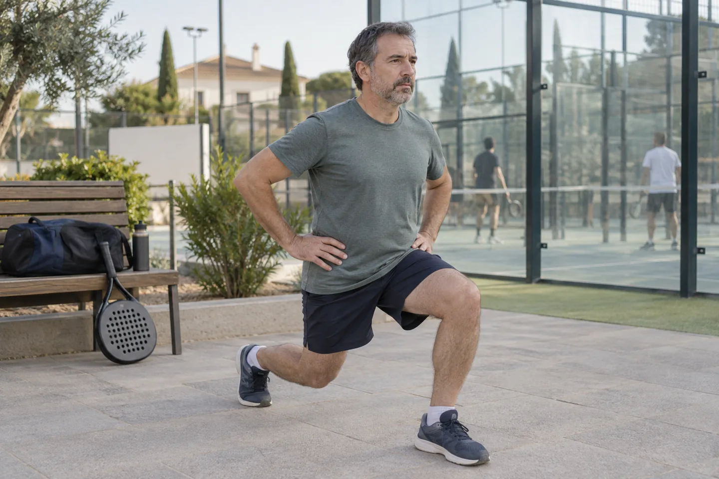 A man practises a controlled split squat beside a padel court.