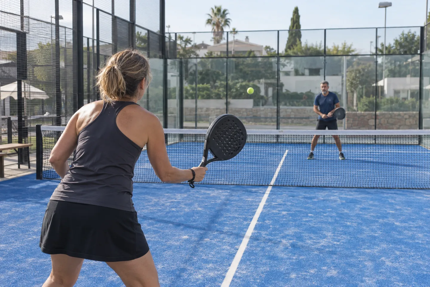 Two adults play a gentle rally on a blue padel court.