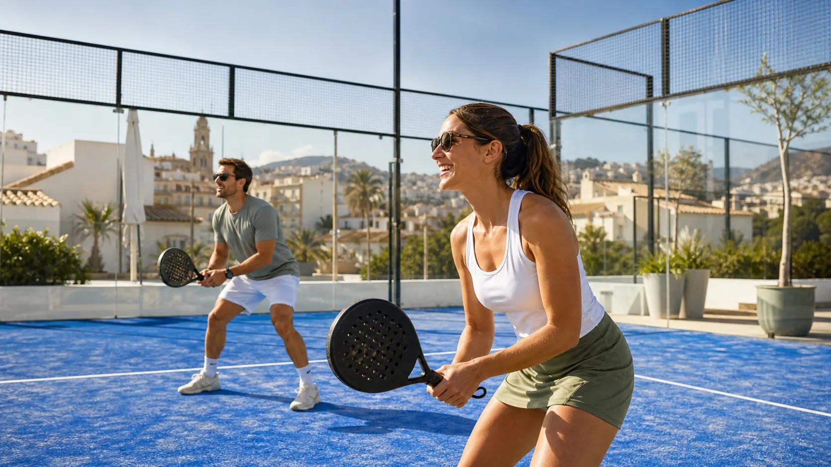 Zwei Urlauber spielen Padel auf einem sonnigen blauen Court in Málaga