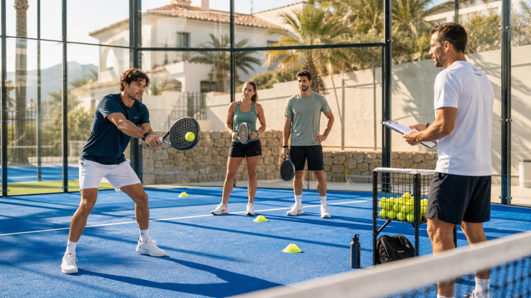 Padel-Trainingsgruppe mit Coach, Hütchen und Ballkorb auf einem mediterranen Court