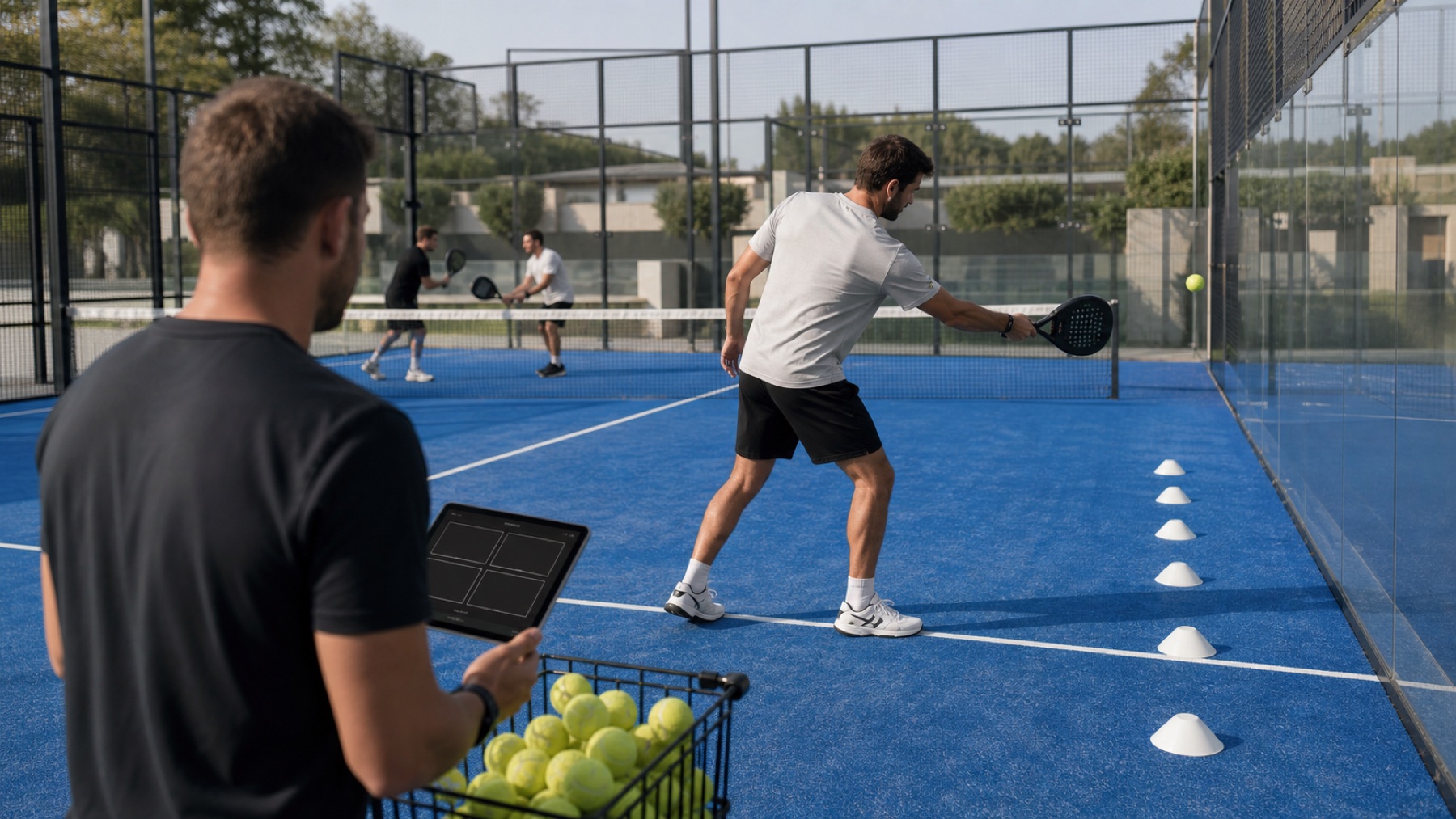 Padel-Coach erklärt einem Spieler mit Ballkorb, Hütchen und Tablet eine Übung am Glas