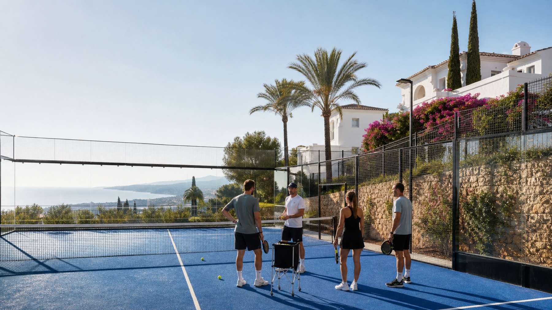 Blauer Padel-Court an der andalusischen Küste mit weißen Häusern, Bougainvillea und Bergen im Hintergrund