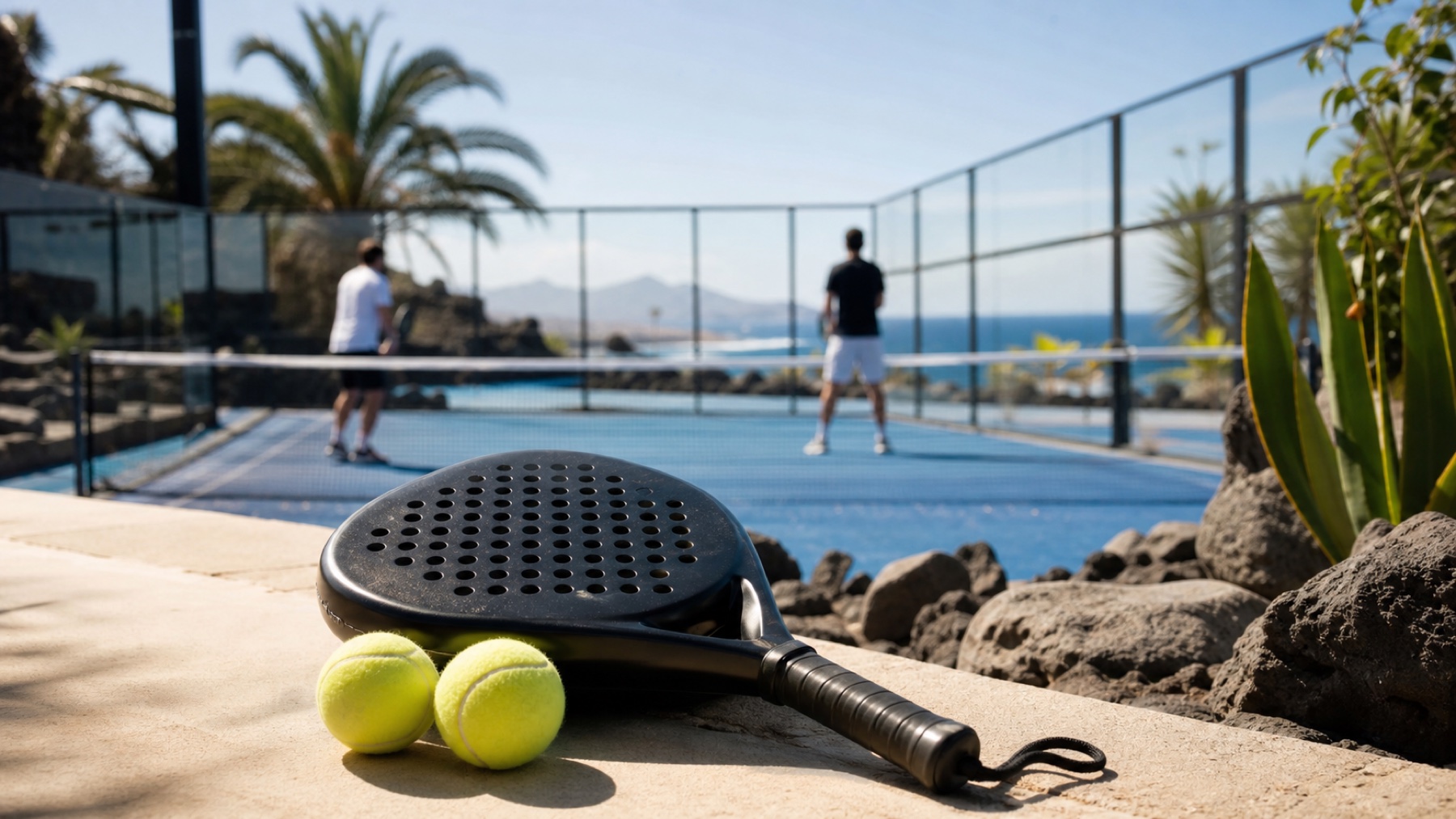 Padel-Court auf den Kanaren mit Vulkanlandschaft und Atlantik im Hintergrund
