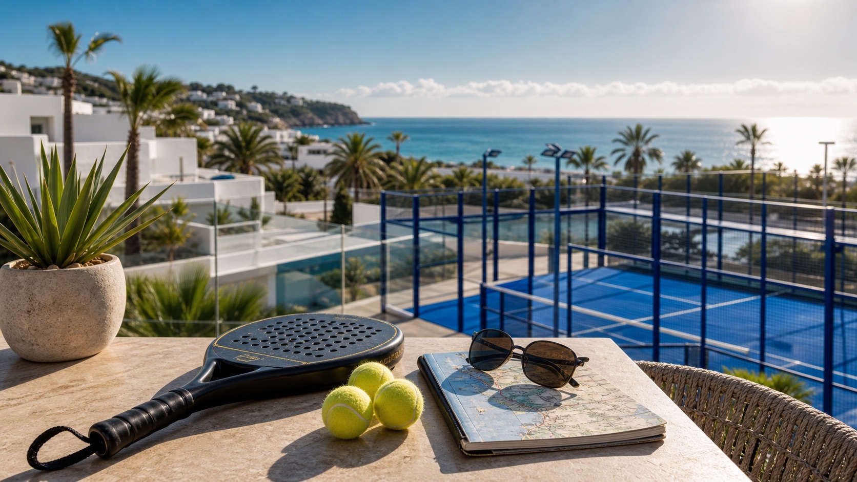 Padel-Schläger, Bälle und Reisekarte auf einer sonnigen Terrasse in Spanien