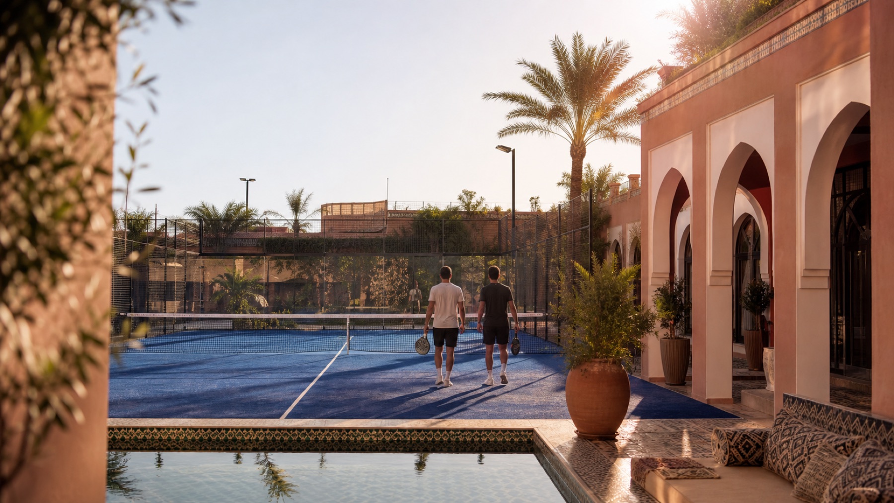 Padel-Court in einem marokkanischen Riad mit Zellige-Fliesen, Palmen und Abendlicht
