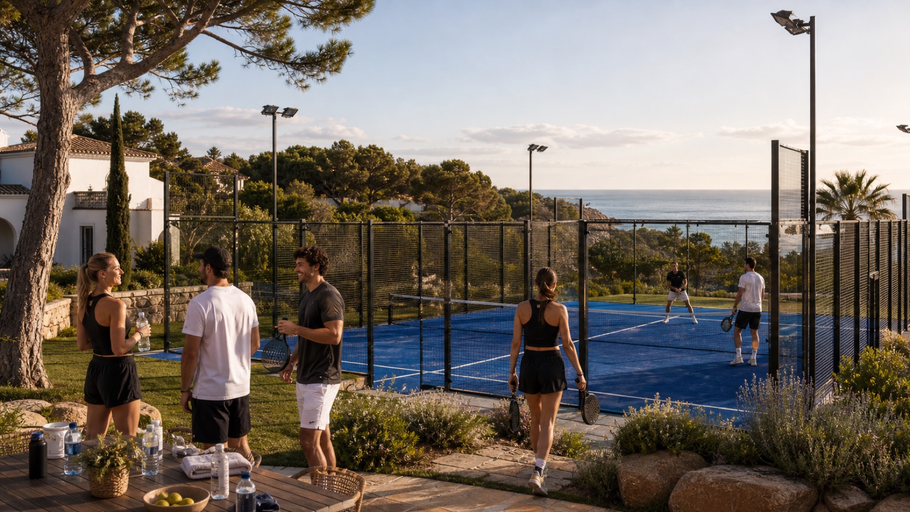 Sechs Freunde wechseln zwischen zwei Padel-Courts in einer sonnigen Villa-Anlage am Meer