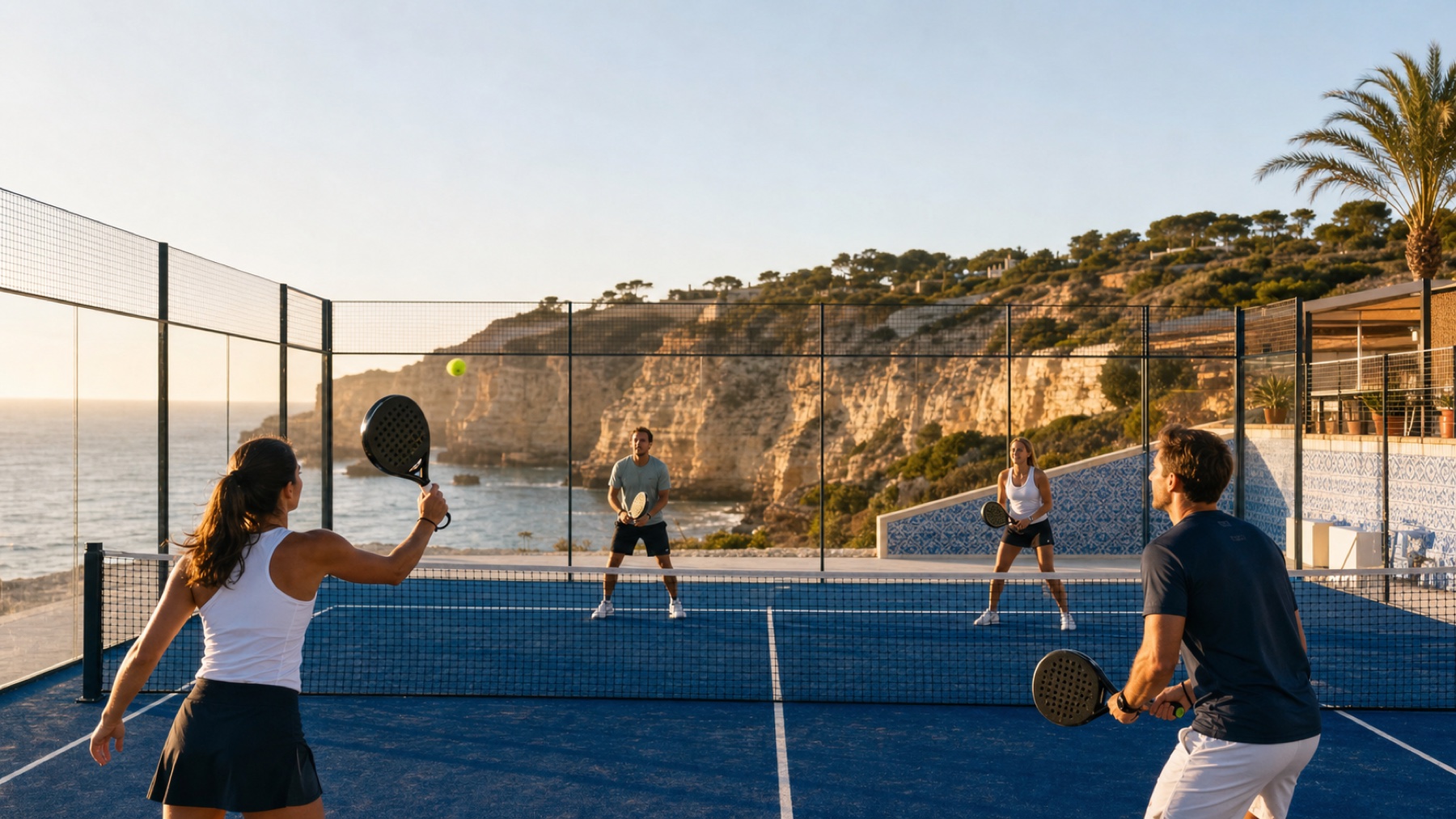 Padel-Urlaub in Portugal auf einem Court an der Atlantikküste mit Azulejo-Details und vier Spielern