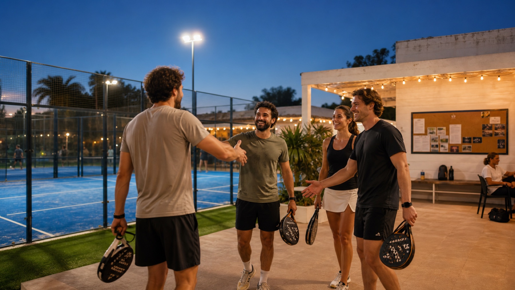 Solo-Reisende wird auf einer mediterranen Clubterrasse von drei Spielern zu einem Padel-Doppel begrüßt