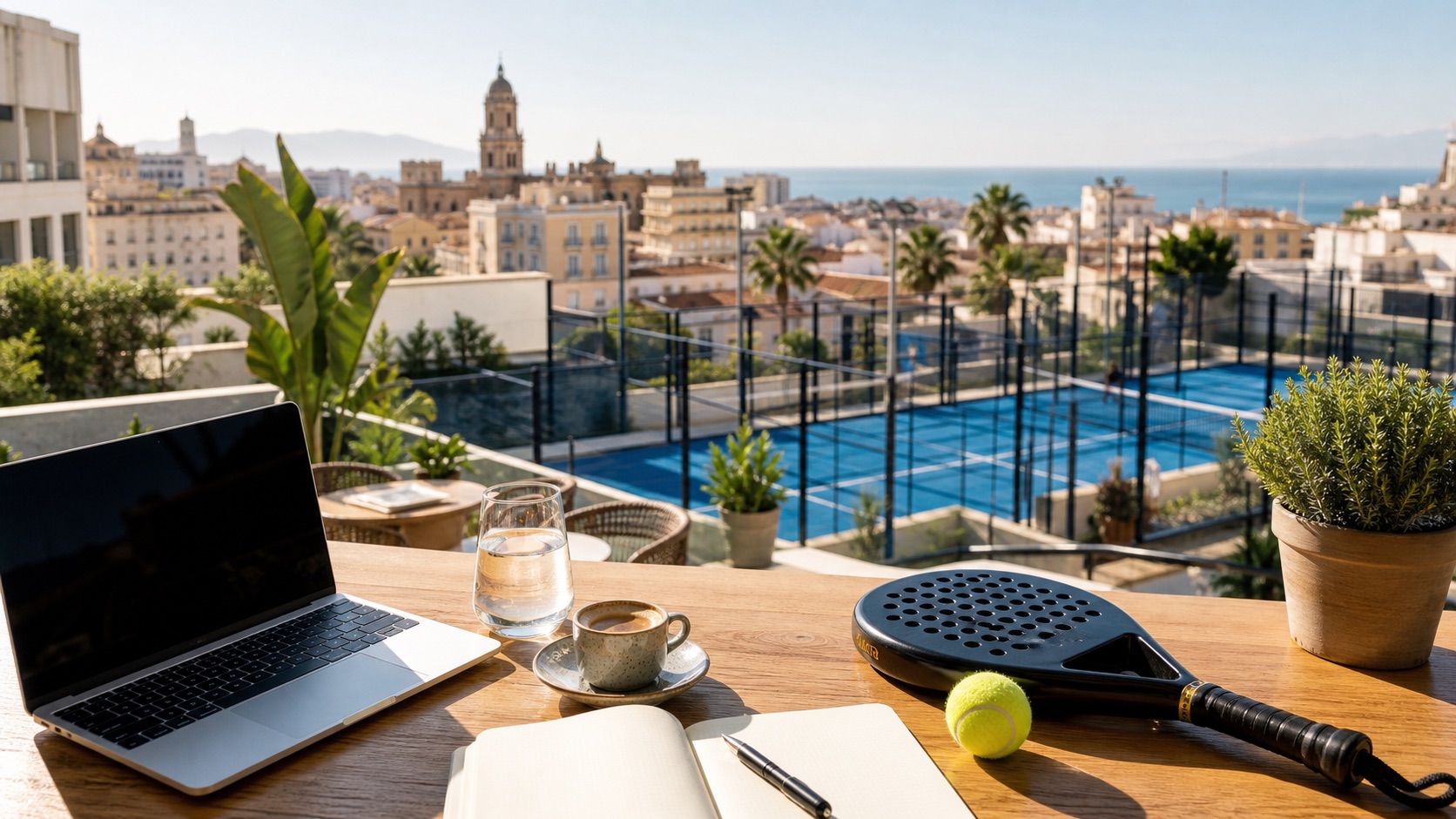 Laptop, Padel-Schläger und Kaffee auf einer sonnigen Workation-Terrasse mit Padel-Court in Málaga