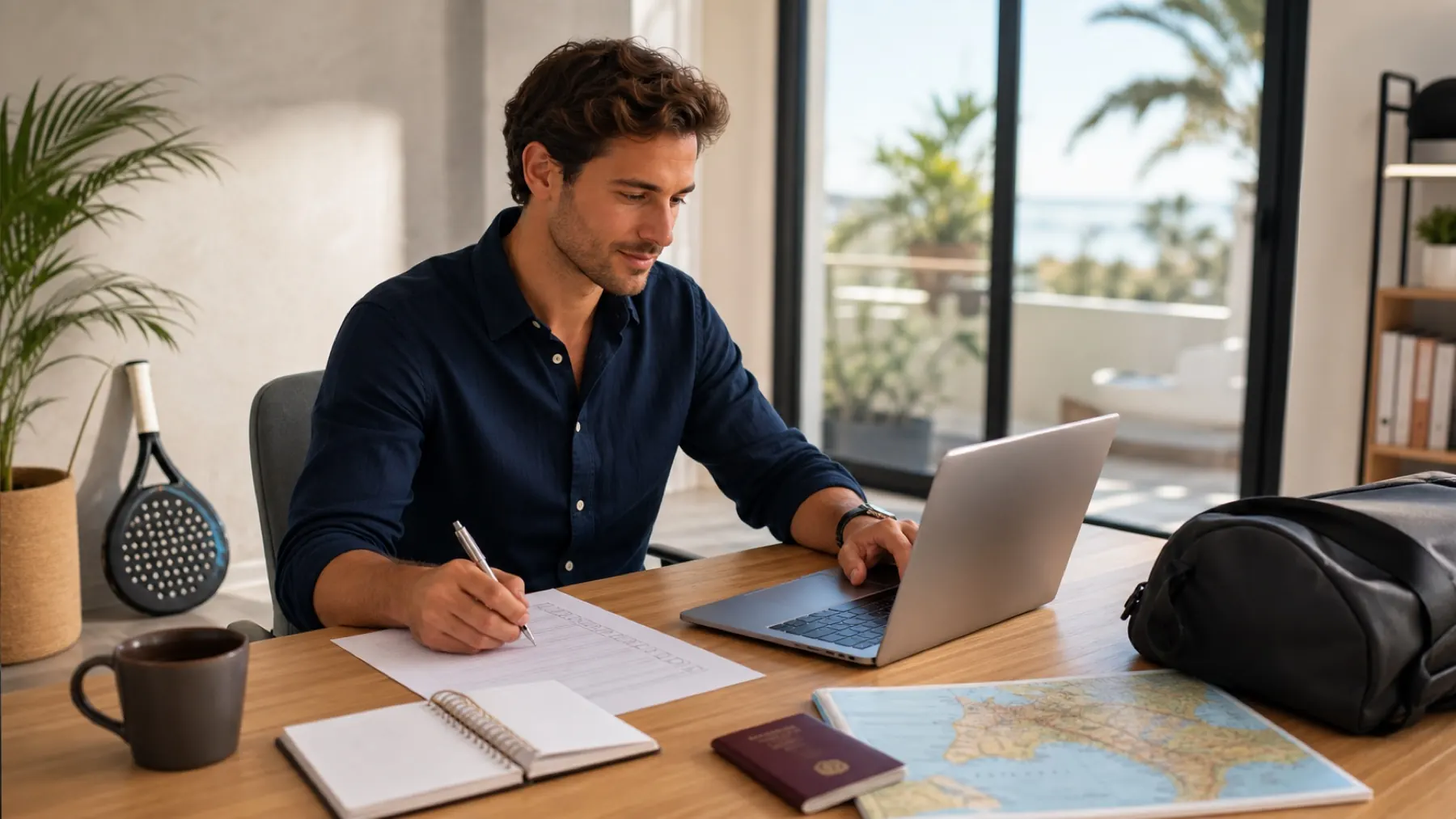 Professioneller Workation-Antrag mit Laptop, Checkliste, Kalender und Spanien-Reiseplanung