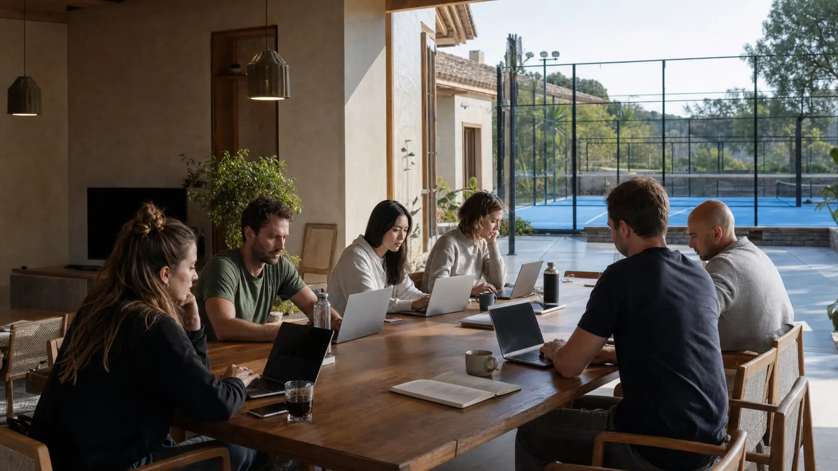 Kleine Workation-Gruppe arbeitet in einer Villa mit Padel-Court bei Málaga