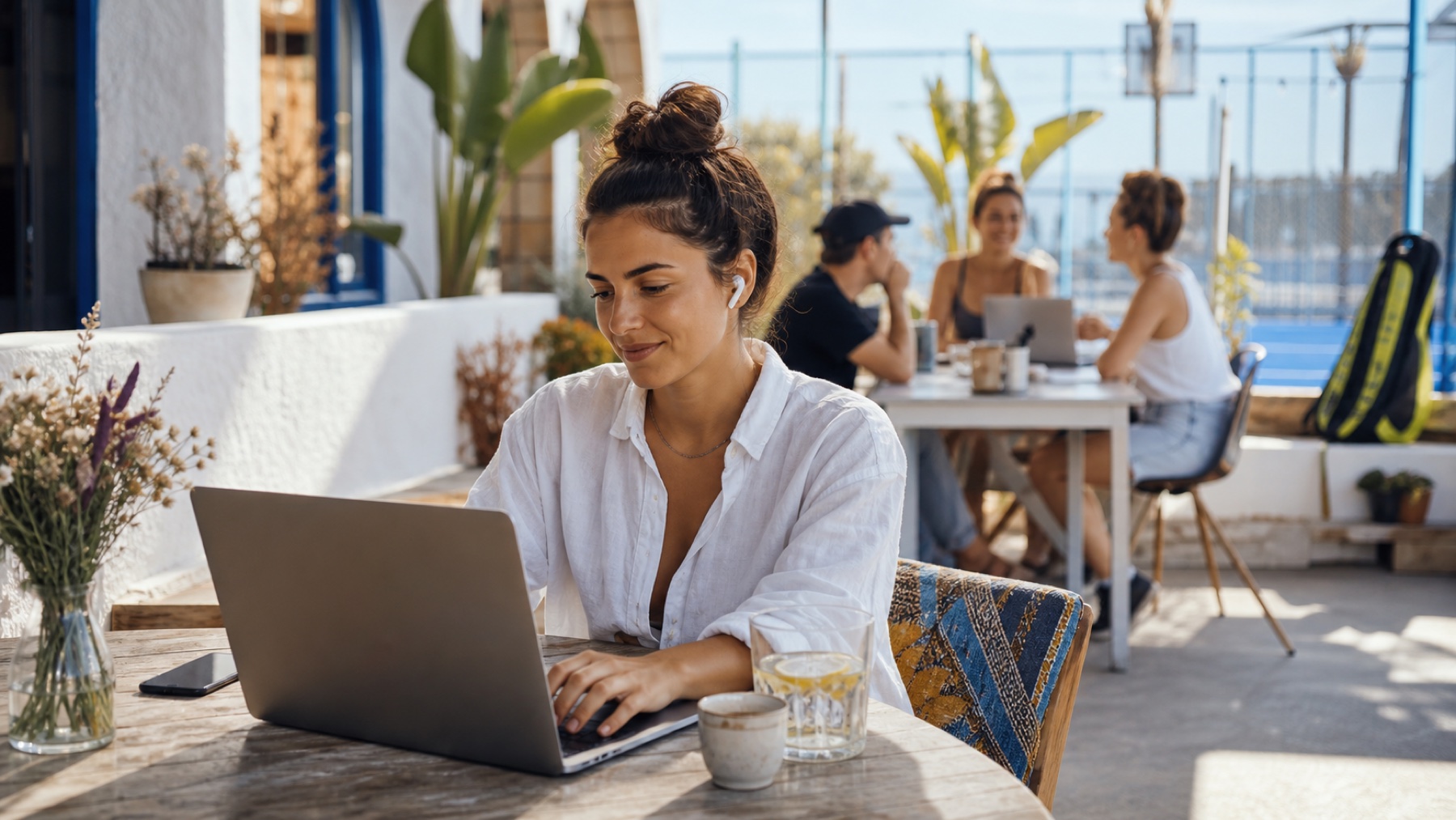 Solo traveler works on a Mediterranean Workation terrace with community and Padel court in the background
