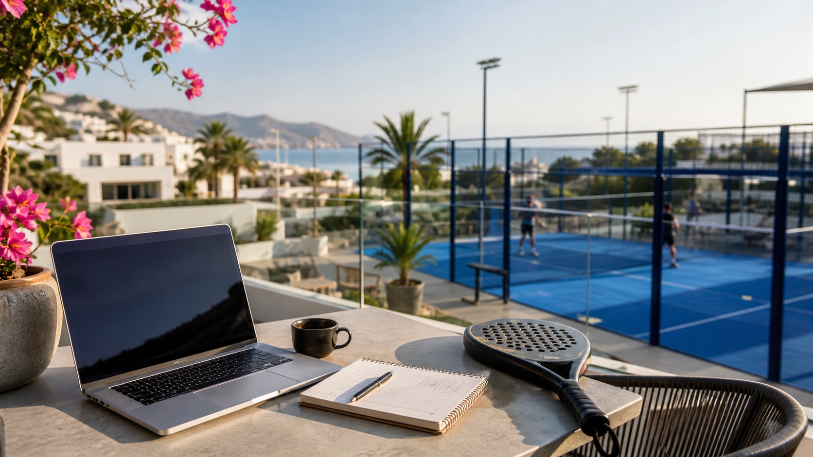 Laptop, Notizbuch und Padel-Schlaeger auf einer mediterranen Workation-Terrasse mit Padel-Court