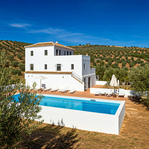 Weiße andalusische Finca mit Pool und Hügeln