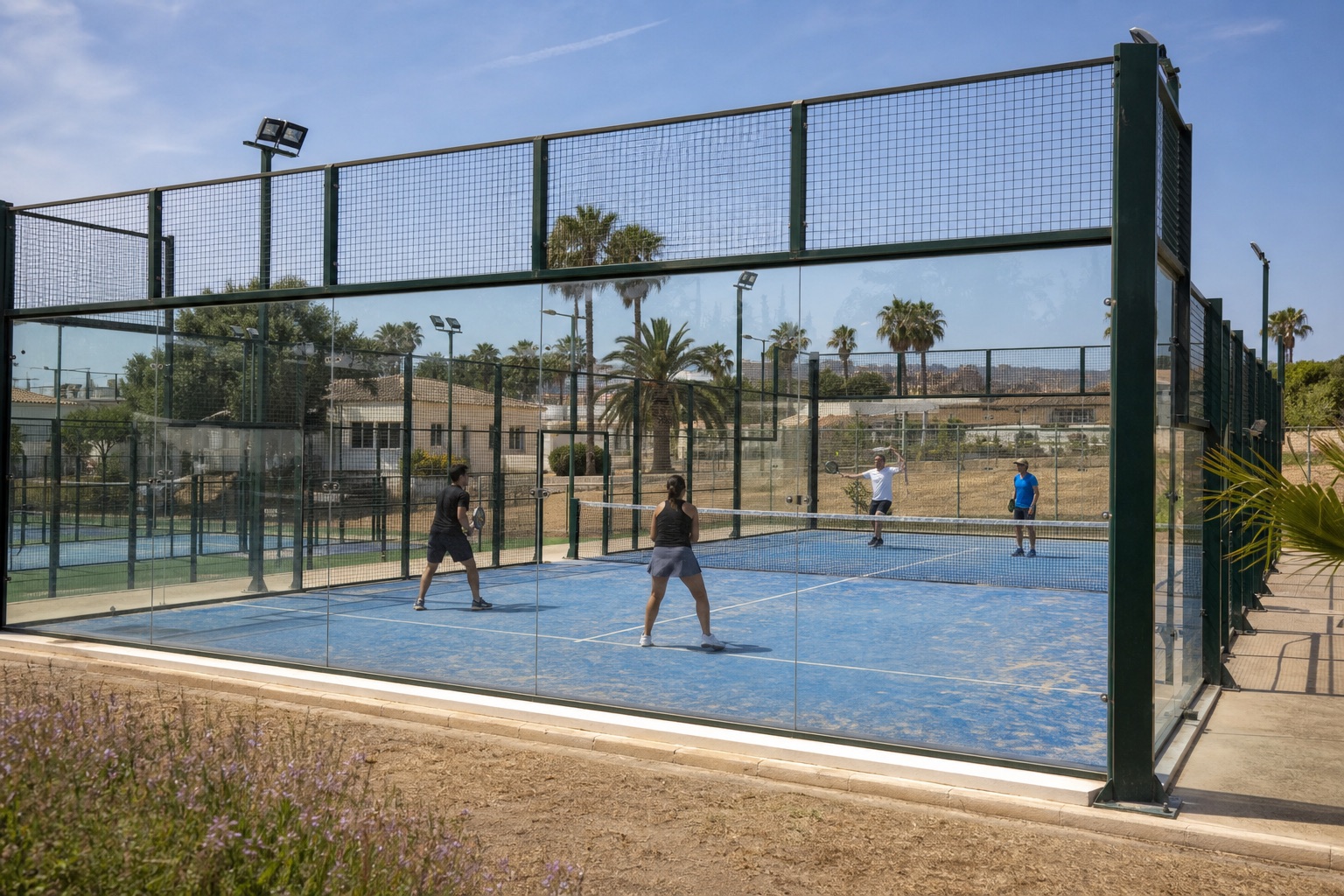 Padel-Spieler auf einem Outdoor-Court in Málaga während der Elevation Vacation